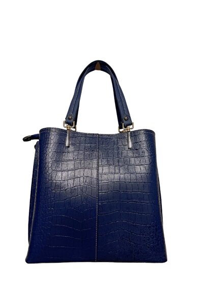 Pinkylola Pi Model Lacivert Hakiki Deri Kroko Baskı Detaylı El & Uzun Spor Sa...