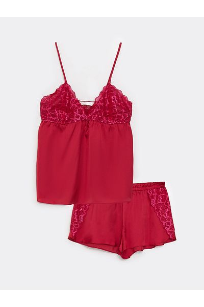 LC Waikiki Set de pijamale de damă din satin cu bretele cu decolteu în V și pantaloni scurți