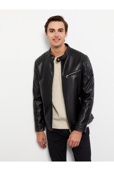 LC Waikiki Slim Fit Biker Yaka Erkek Deri Görünümlü Mont