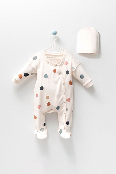 Banamio Punkt Newborn Terrazzo Print Patterned Antiallergic Cotton Booties Beanie and Jumpsuit Set