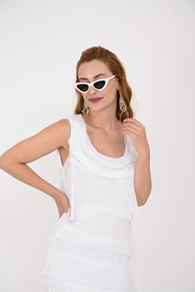 Hazinedan Γυναικείο αμάνικο φόρεμα από λευκό μεταξωτό ιταλικό φόρεμα που φαίνεται λεπτό