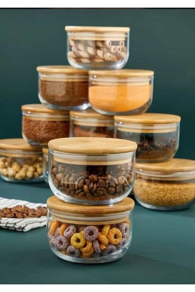 morponi 6-Piece Glass Food Jar with Bamboo Lid 380 Ml