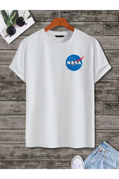 Unisex Beyaz Oversize Tişört – %100 Pamuk Penye – Nasa Logo Baskılı – Rahat Kalıp Yazlık T-shirt
