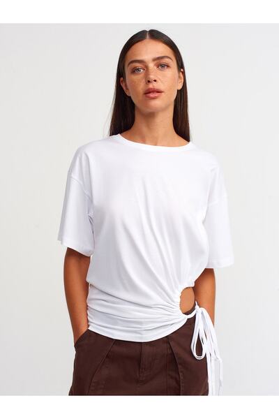 Dilvin 30184 Gathered Side T-shirt-λευκό