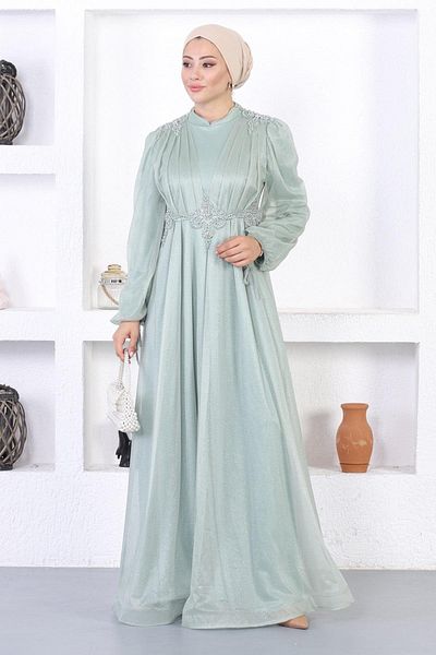 Modamihram Pearl Lace Glitter Evening Dress Mint 12252