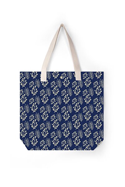 wolo Kanvas Omuz Çantası -çevre Dostu-Lacivert - Üzerine Yaprak Desenli-WOLO