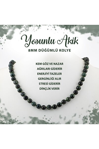 Deniz Doğal Taş Sertifikalı Yosunlu Akik 8 Mm Düğümlü Doğal Taş Kolye