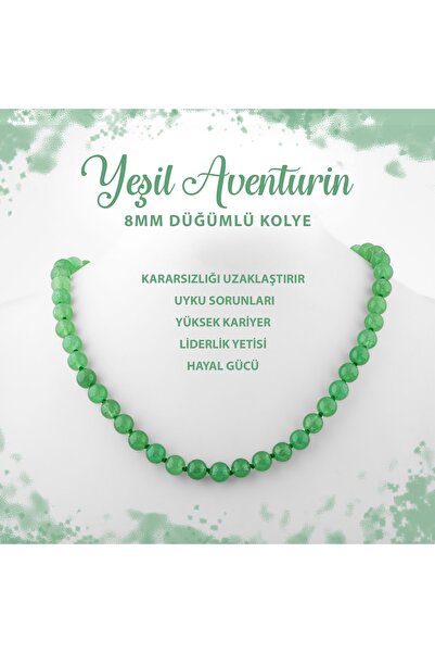 Deniz Doğal Taş Sertifikalı Yeşil Aventurin 8 Mm Düğümlü Doğal Taş Kolye