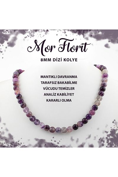 Deniz Doğal Taş Certified Purple Fluorite 8 mm Sequence Natural Stone Necklace