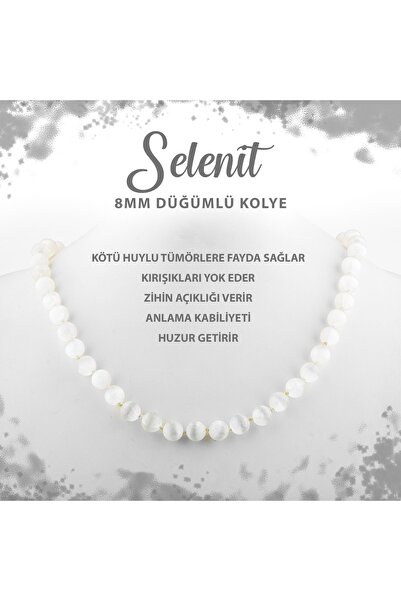 Deniz Doğal Taş Sertifikalı Selenit 8 Mm Düğümlü Doğal Taş Kolye