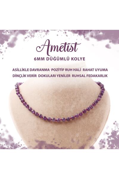 Deniz Doğal Taş Sertifikalı Ametist 6 Mm Düğümlü Doğal Taş Kolye