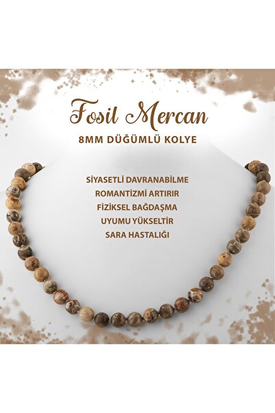 Deniz Doğal Taş Sertifikalı Fosil Mercan 8 Mm Düğümlü Doğal Taş Kolye