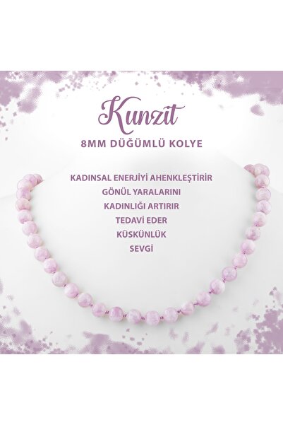 Deniz Doğal Taş Sertifikalı Kunzit 8 Mm Düğümlü Doğal Taş Kolye