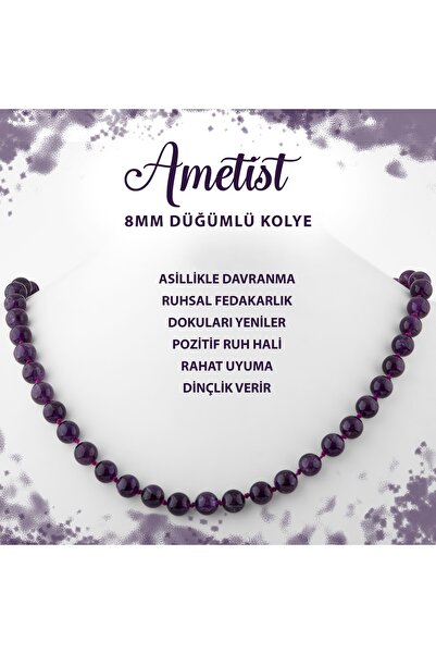 Deniz Doğal Taş Sertifikalı Ametist 8 Mm Düğümlü Doğal Taş Kolye