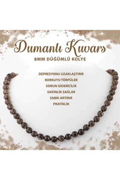 Deniz Doğal Taş Sertifikalı Dumanlı Kuvars 8 Mm Düğümlü Doğal Taş Kolye