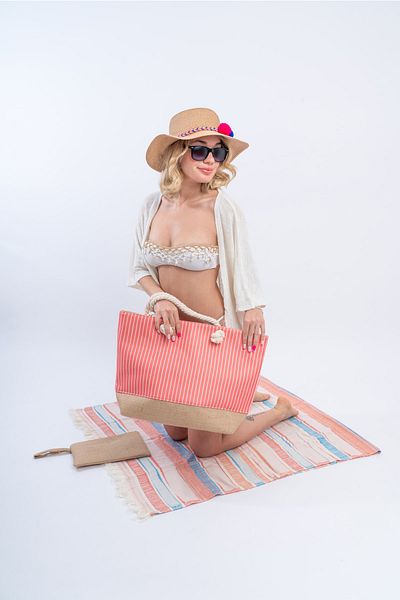 ttm ticaret Women's Beach Bag Women's Jute Fabric Straw Striped