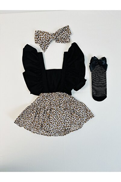 ADABEBEK Kız Çocuk Fırfırlı Leopar Desenli File Çorap Set Bandanalı Salopet Takım