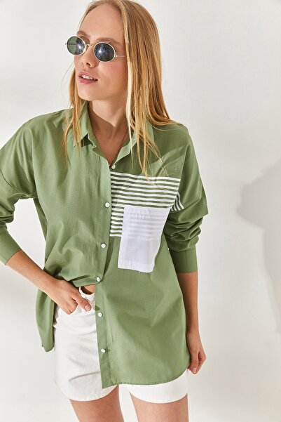 Olalook Penészzöld túlméretezett szőtt ing zsebrészlettel GML-19000978