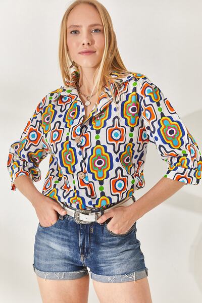 Olalook Geometric Dark Blue Wooden Buttoned Three-Quarter Sleeve Linen Shirt GML-19001095