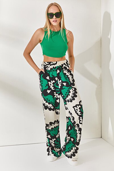 Olalook Yeşil Taş Beli Lastikli Cepli Desenli Palazzo Pantolon PNT-19000225