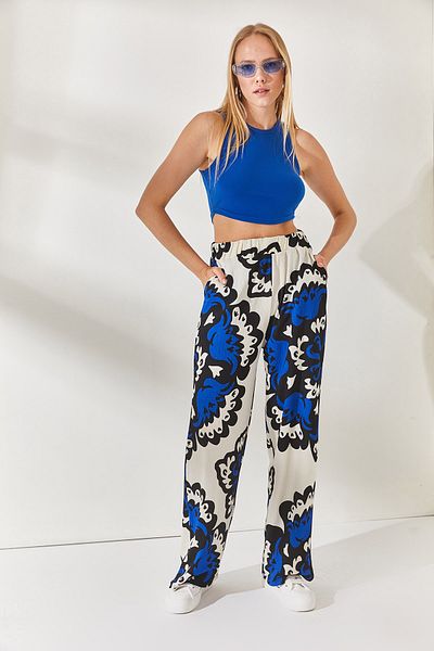 Olalook Pantaloni Palazzo cu model Saks Blue Stone cu talie elastică PNT-19000225