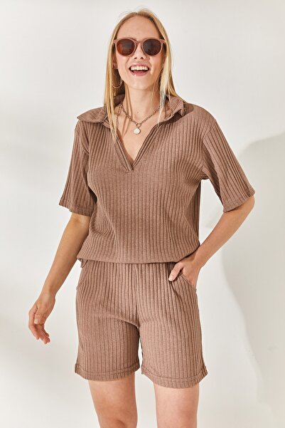 Olalook Mink Polo Collar Top Pocket Shorts Ribbed Set TKM-19000197