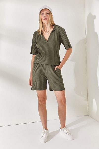 Olalook Khaki polo gallér felső zsebes rövidnadrág bordás készlet TKM-19000197