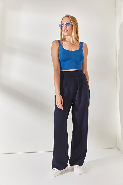 Olalook Námořnická modrá plisované kalhoty Palazzo v pase na suchý zip PNT-19000222