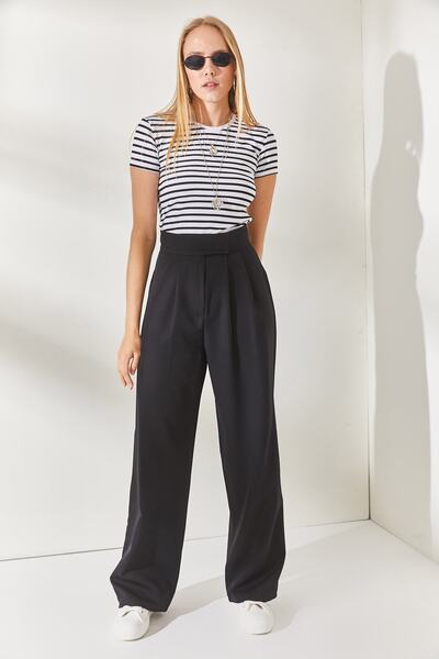 Olalook Černé plisované kalhoty Palazzo v pase na suchý zip PNT-19000222