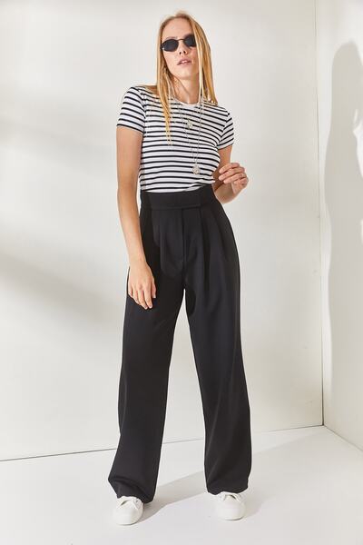 Olalook Černé plisované kalhoty Palazzo v pase na suchý zip PNT-19000222