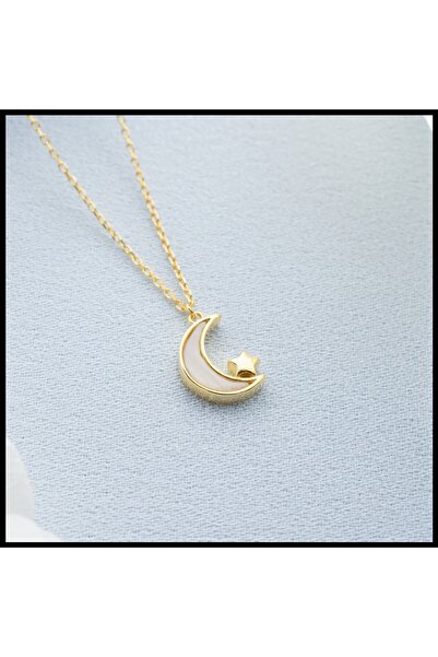 sorti takı aksesuar 925 Ayar Gümüş Minimal Ay Yıldız Kolye - Gold