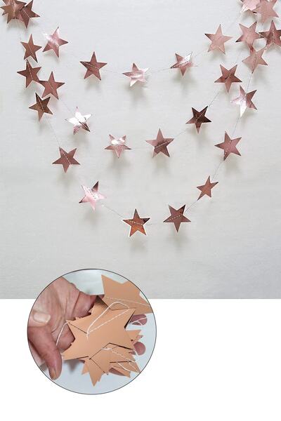 Parti dolabı Gold Rose Metalik Asmalı Yıldız Tavan Süs Yıldız Ipli Uzar Süs Bakır Süslemeleri Ipli Sarkıt Süs 4mt