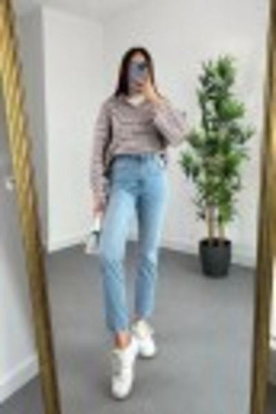 ByCukurovaFrango Blugi Mom Lycra cu talie super înaltă, albastru deschis, spălat cu zăpadă - Pantalon de denim confortabil