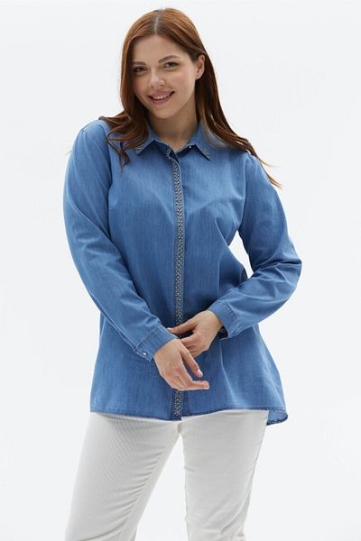 Selen Giyim Plus Size Jewelled Blouse with Placket and Collar