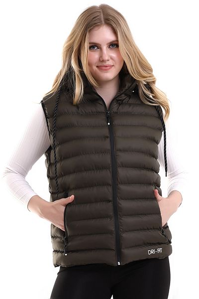 WAPP Women's Khaki Inner Pocket Gel Padding Removable Zipper Hood Daily Sports Puffer Vest
