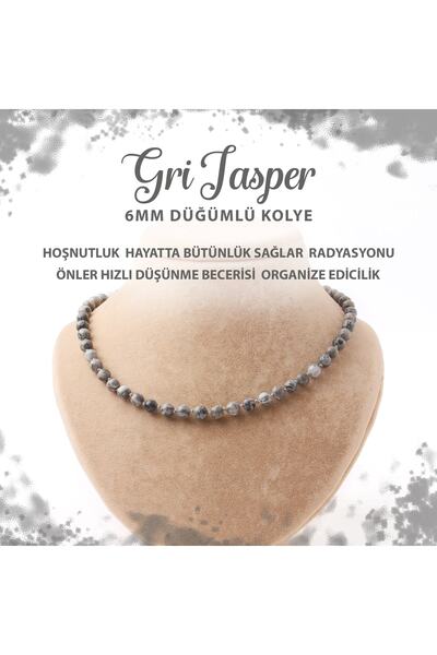 Deniz Doğal Taş Sertifikalı Gri Jasper 6 Mm Düğümlü Doğal Taş Kolye