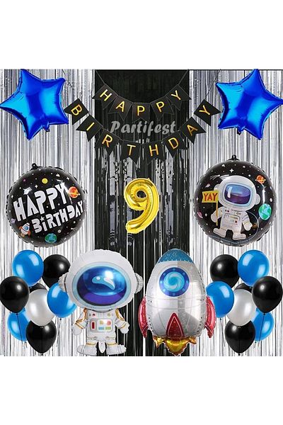 Parti Station Cosmic Space 9 Year Old Balloon Set Galaxy Concept Helium Balloon Set Astronaut Space Shuttle Birthday Set