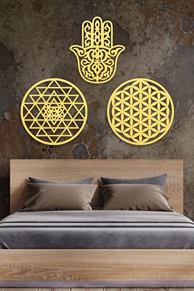 UNT Ξύλινο λουλούδι της ζωής Σρί Γιαντρά και Χάμσα Σύμβολα πλούτου και ευλογίας Τριπλό διακοσμητικό ζωγραφικό στολίδι τοίχου