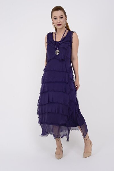 Hazinedan Rochie din mătase italiană mov, cu aspect subțire și stratificat