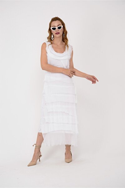 Hazinedan Γυναικείο αμάνικο φόρεμα από λευκό μεταξωτό ιταλικό φόρεμα που φαίνεται λεπτό