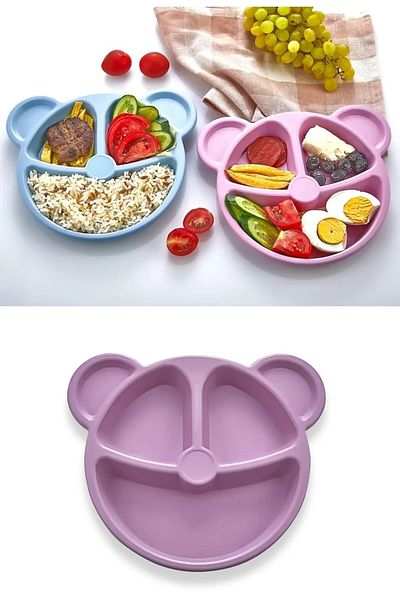TRUSTMODA 1 Teddy Bear Shaped Food and Food Plate - Smiling Face, Teddy Bear Figure & 3 Compartments