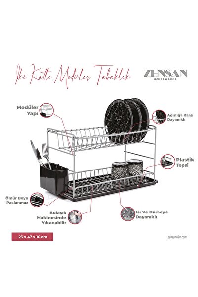 ZENSAN Gri Pe Kaplama Paslanmaz Iki Katlı Modüler Tabaklık/bulaşıklık (50 CM)