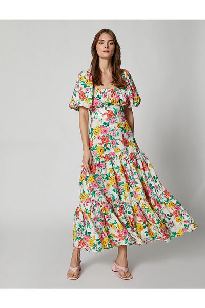 Koton Γυναικείο τετράγωνο γιακά μπαλόνι μανίκι Floral μακρύ φόρεμα 3sak80257ew