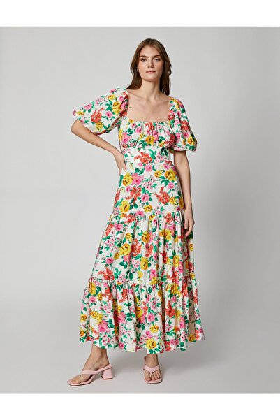 Koton Rochie lungă florală cu mânecă cu balon cu guler pătrat de damă 3sak80257ew