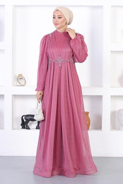 Modamihram Rochie de seara perlata, dantela, cu sclipici, trandafir prafuit 12252