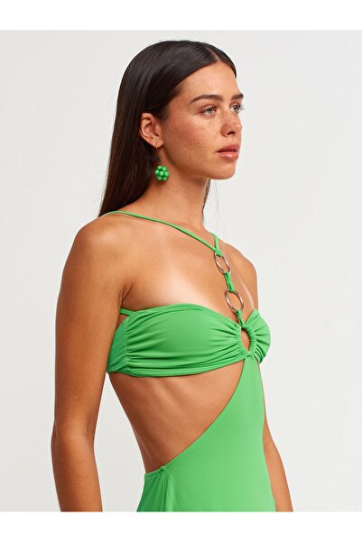 Dilvin 90416 Δαχτυλίδι με λεπτομέρεια μακρύ φόρεμα-πράσινο