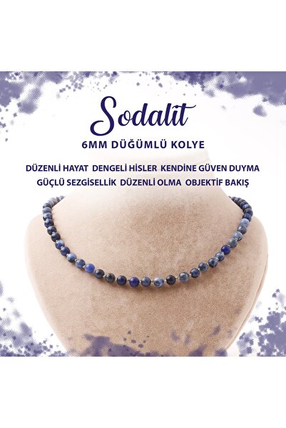 Deniz Doğal Taş Sertifikalı Sodalit 6 Mm Düğümlü Doğal Taş Kolye