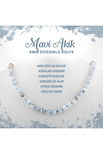 Deniz Doğal Taş Sertifikalı Mavi Akik 8 Mm Düğümlü Doğal Taş Kolye