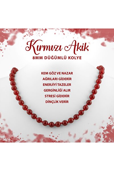 Deniz Doğal Taş Sertifikalı Kırmızı Akik 8 Mm Düğümlü Doğal Taş Kolye