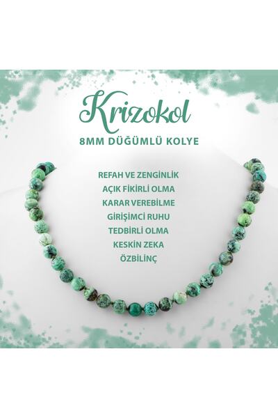 Deniz Doğal Taş Sertifikalı Krizokol 8 Mm Düğümlü Doğal Taş Kolye